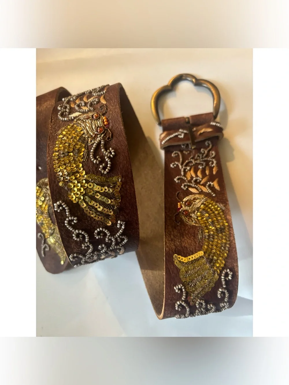 Vintage 80’Betsey Johnson  Leather Beaded Fish Belt ~Gold Sequins Size M